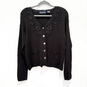 Eagles eyes vintage Chic Black Floral Cardigan Sweater L
